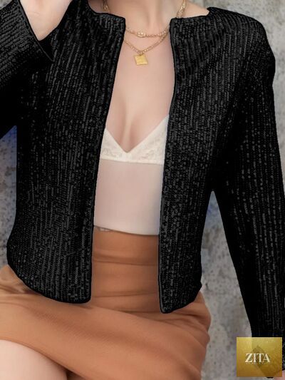 Elegant women’s full-size sequin open front cropped jacket with sparkling glamour, perfect for parties, by Zita La Belle Elite.