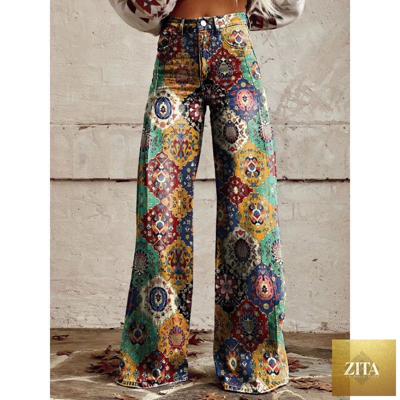Women's printed flare pants in plus size by Zita La Belle Elite, featuring mid-waist fit and full-length casualwear style.