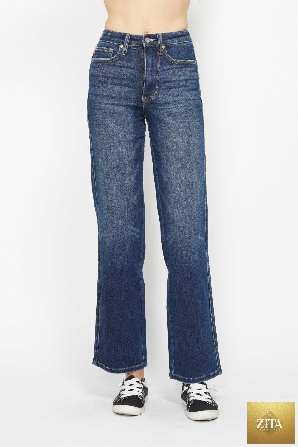 Wild and Free Boutique Judy Blue high waist tummy control jeans, showcasing a full-length view with a dark wash and classic fit.