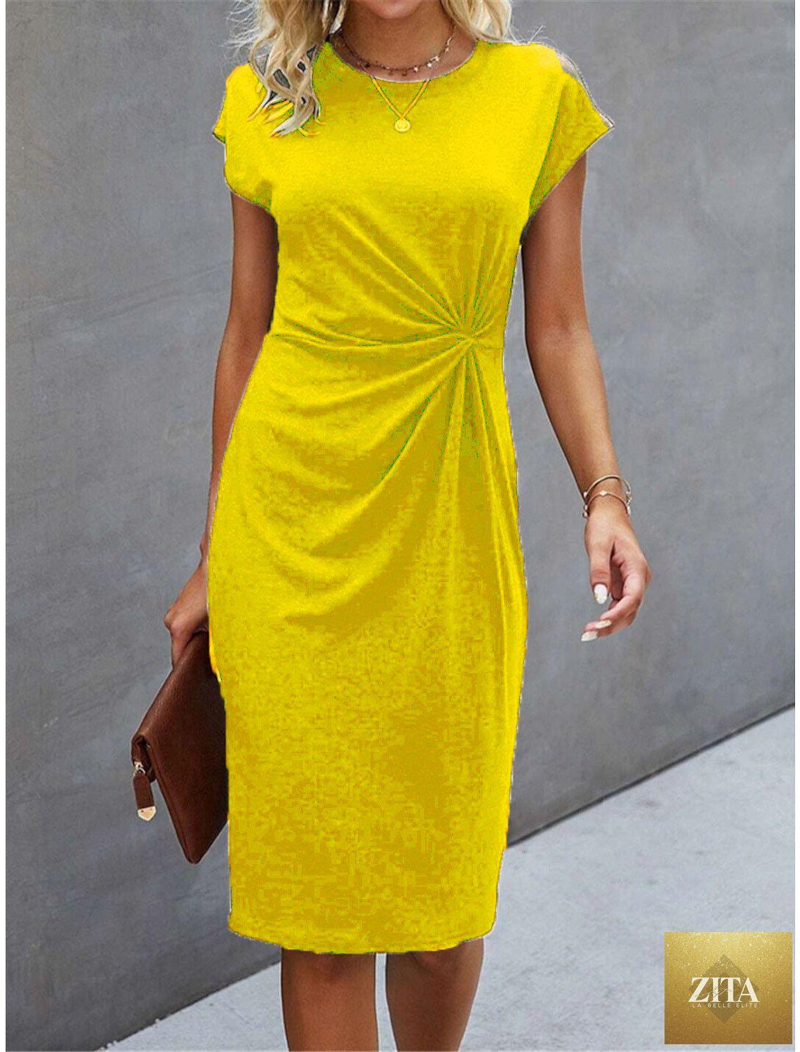 FitiqueFit front knot sleeveless midi dress with round neck, bodycon fit, and tie detail, perfect for stylish occasions.