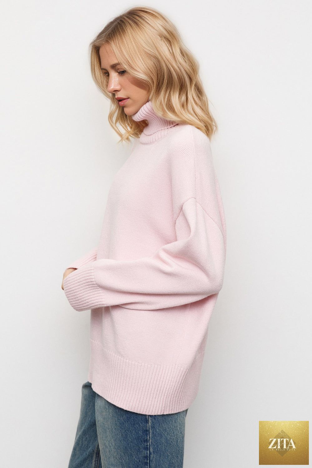 ShopBasicbae Basic Bae turtleneck sweater with dropped shoulder long sleeves, soft knit fabric, in a neutral color.