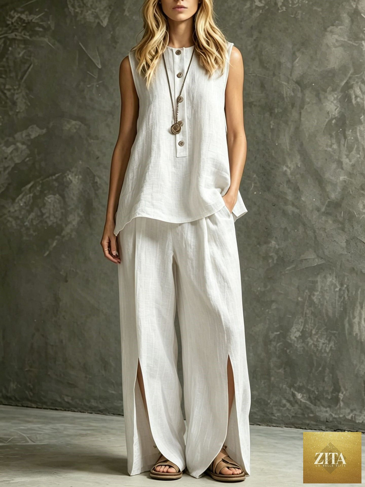 Zita La Belle Elite women's casual two-piece set with sleeveless tank top and wide-leg slit pants, in a relaxed fit.