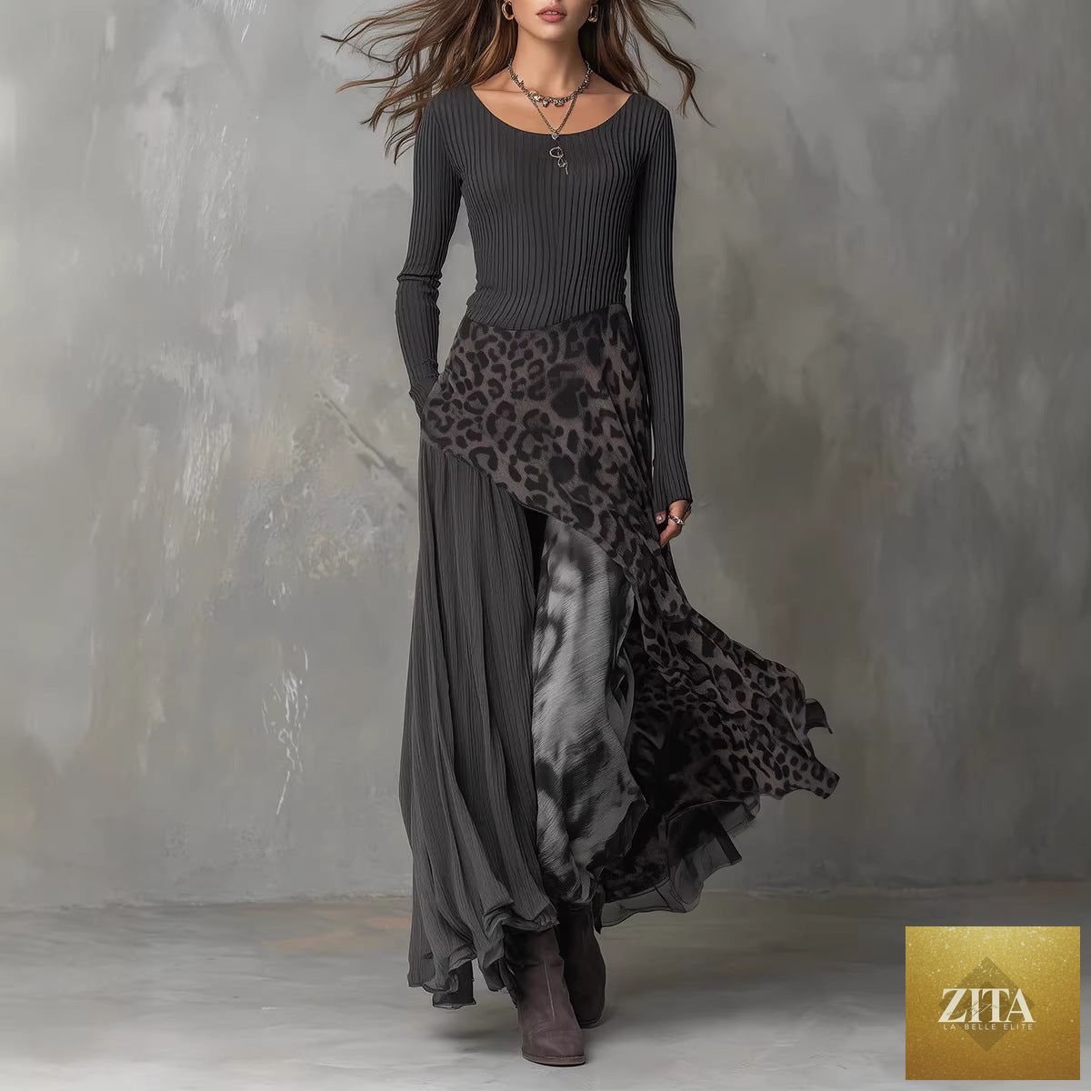 Women's leopard print ribbed knit maxi dress by FitiqueFit, featuring long sleeves, high waist, and full skirt.