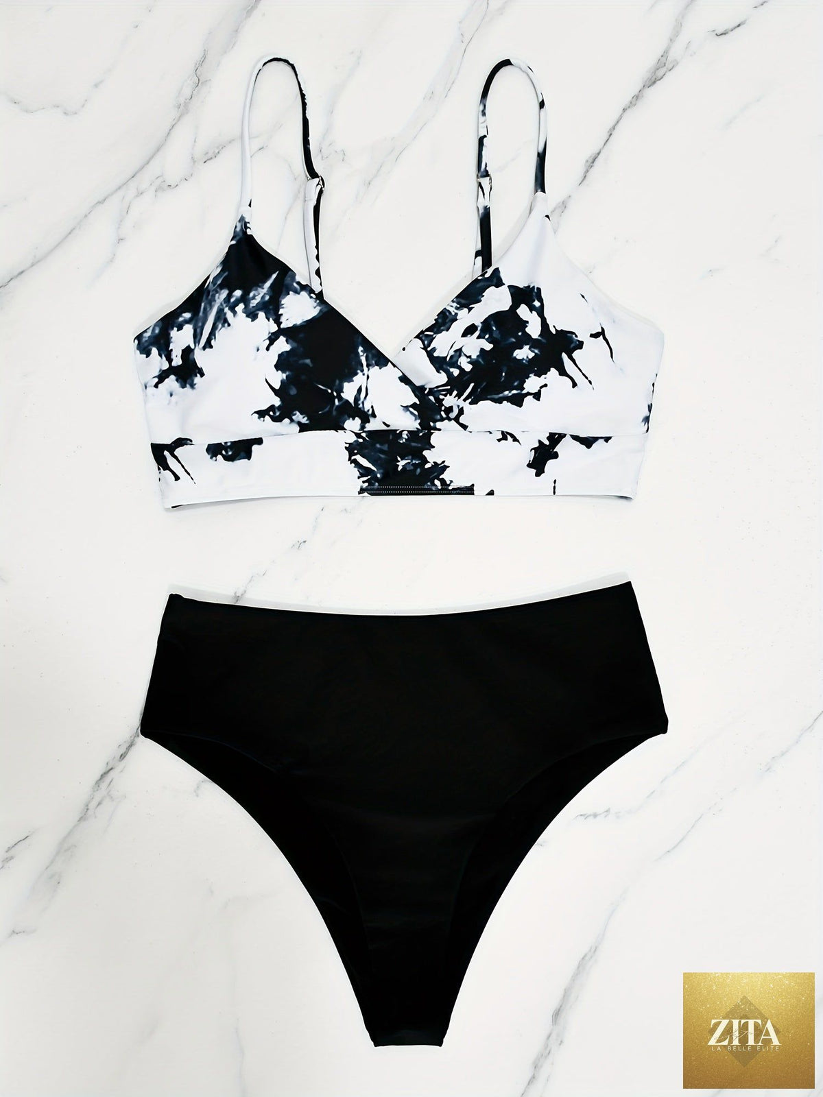 Stevvex Coastal Flair V-Neck Bikini Set with colorful random print, spaghetti straps, high-cut shorts, and ultra-stretch fabric for women.