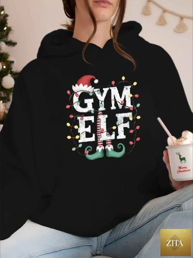 Women’s Christmas Gym Elf Hoodie by FitiqueFit, streetwear style, featuring festive holiday design and comfortable fit.