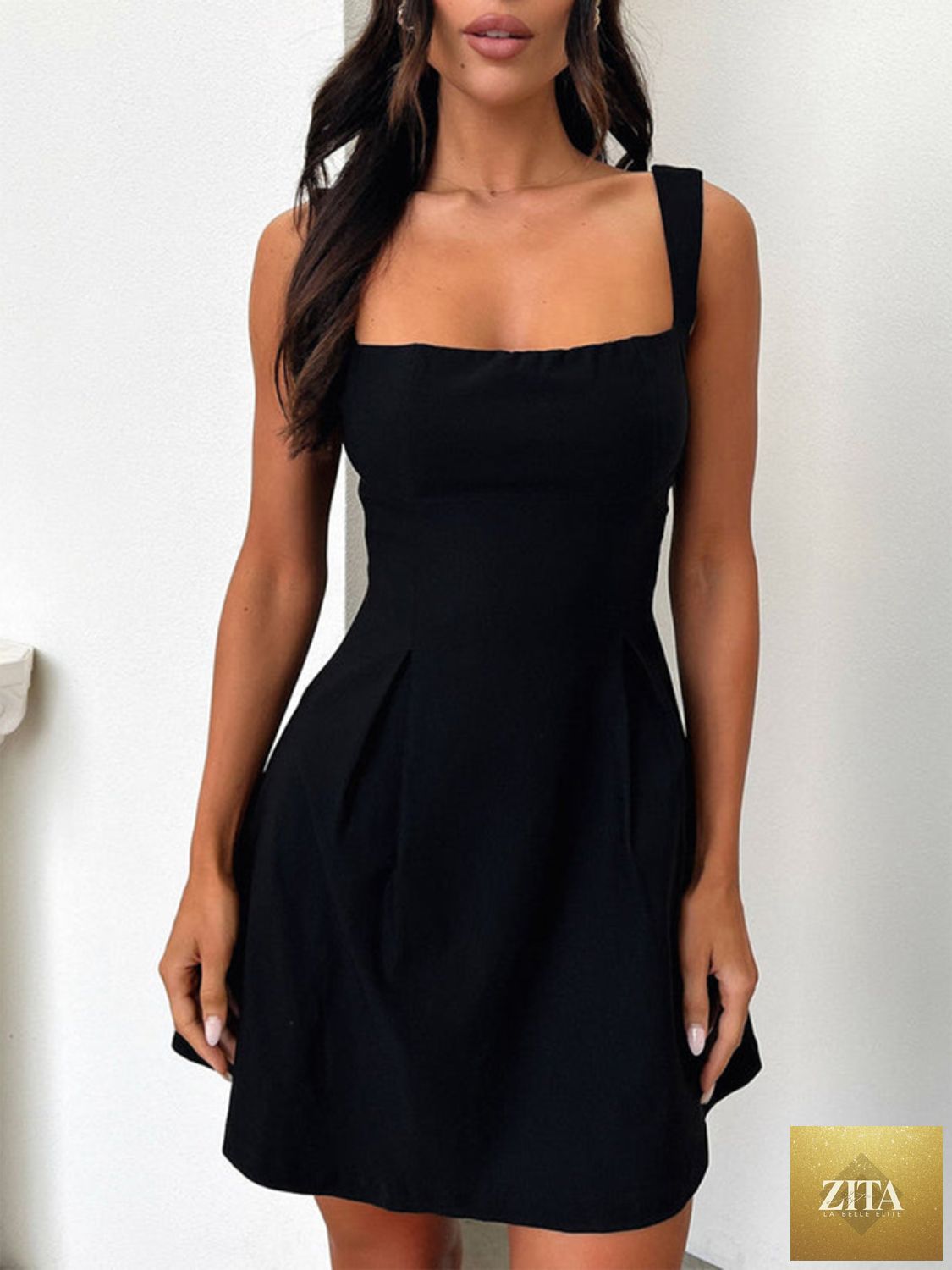 Dark blue Stevvex mini dress with bow back and square neckline, feminine and flattering for girls, stylish and elegant.