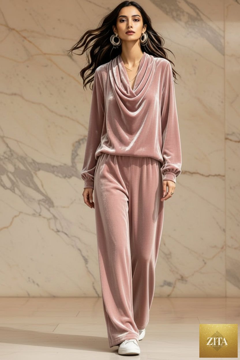 Women's gold velvet cowl neck top and wide-leg pants set by MERIDGE, featuring a drop-shoulder design in multiple colors.