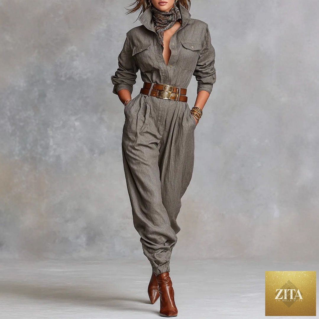 Women's long-sleeved lapel jumpsuit in a stylish design, featuring a tailored fit and classic lapel collar, perfect for elegant casual wear.