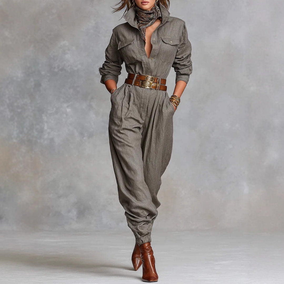 Women's long-sleeved lapel jumpsuit, stylish and comfortable, featuring a tailored fit and classic collar, perfect for casual or formal wear.