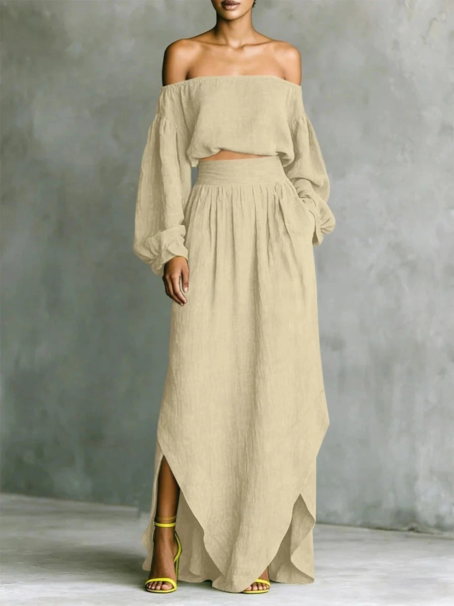 FitiqueFit women's off-shoulder top and asymmetrical maxi skirt set in casualwear style, featuring stylish, comfortable two-piece outfit.
