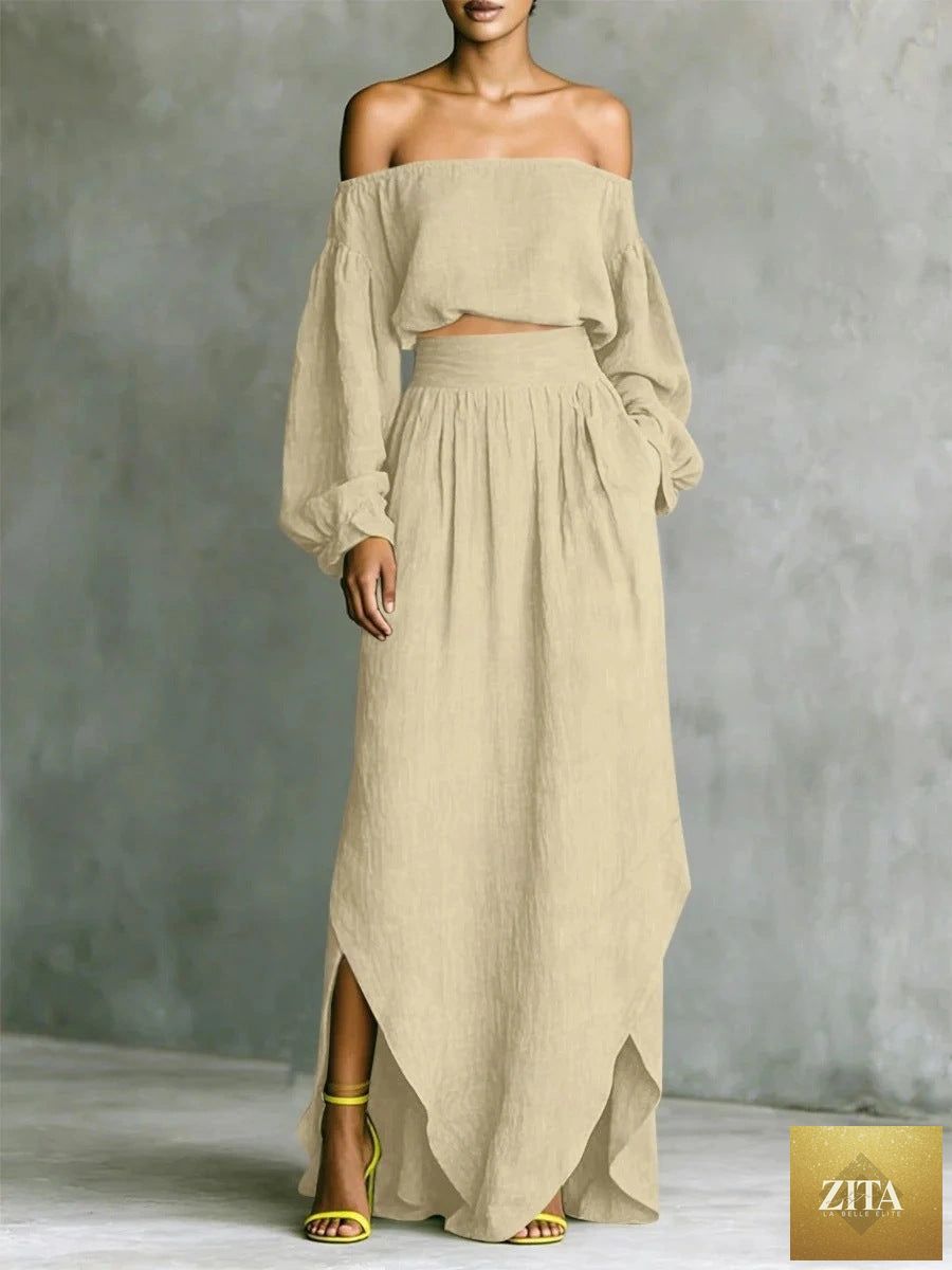 Zita La Belle Elite off-shoulder top and asymmetrical maxi skirt set for women, casualwear 2-piece outfit, stylish and comfortable.
