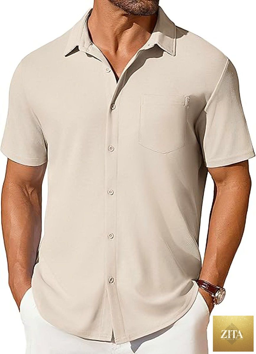 Mandotos men's short-sleeve button-up shirt with wrinkle- and crease-resistant fabric, shown in a casual fit with a collar and button closure.