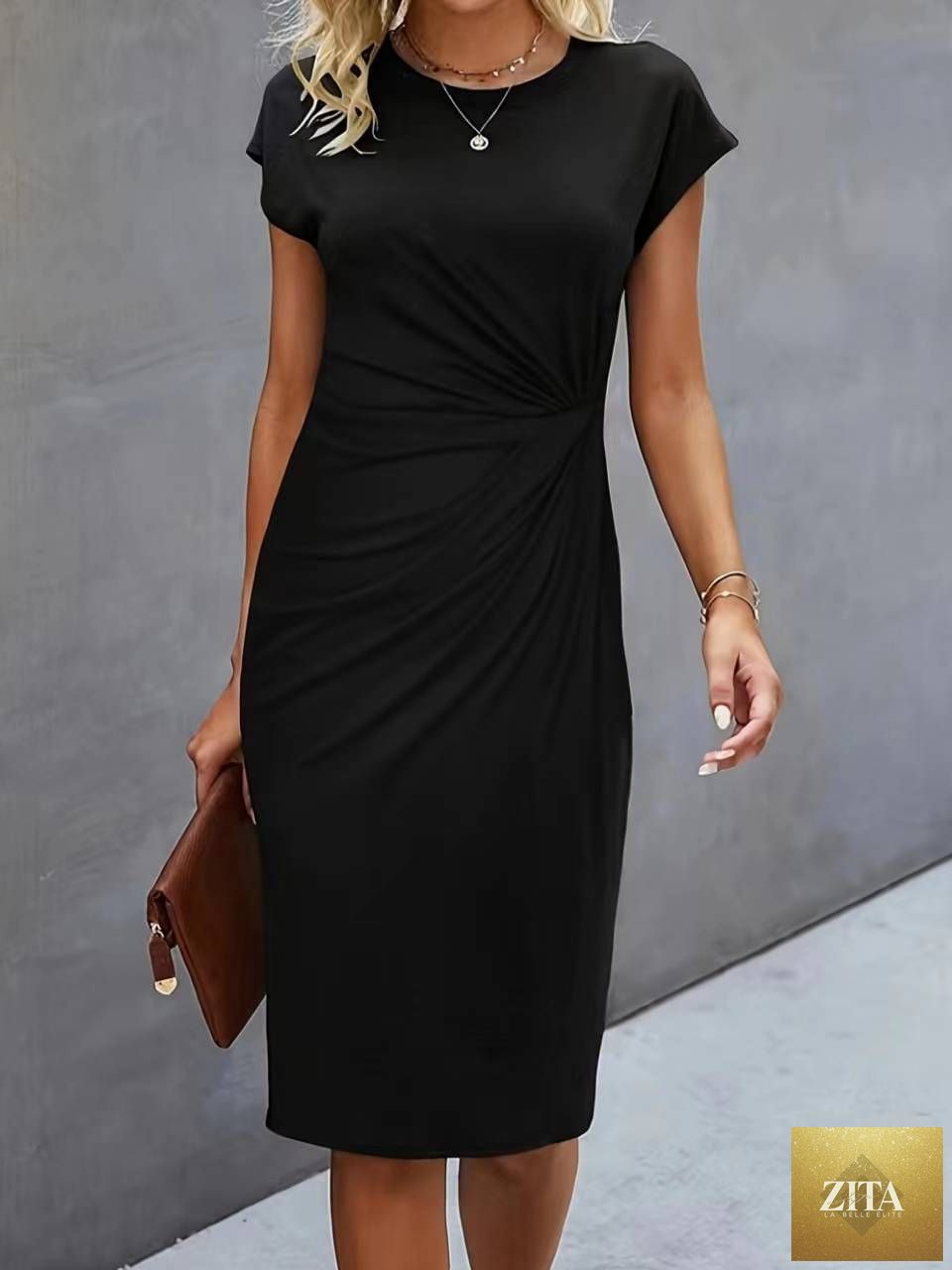 FitiqueFit front knot sleeveless midi dress with round neck, bodycon fit, and tie detail, perfect for stylish daytime wear.