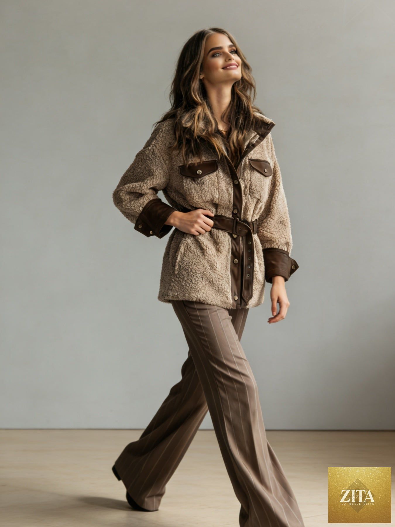 Women’s vintage PU leather jacket by FitiqueFit with lamb fur lining, stylish autumn winter coat, front view showing collar and texture.