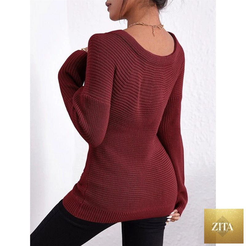 Women's off-shoulder crossover knit sweater by Zita La Belle Elite, slim fit long sleeve casualwear in soft fabric.