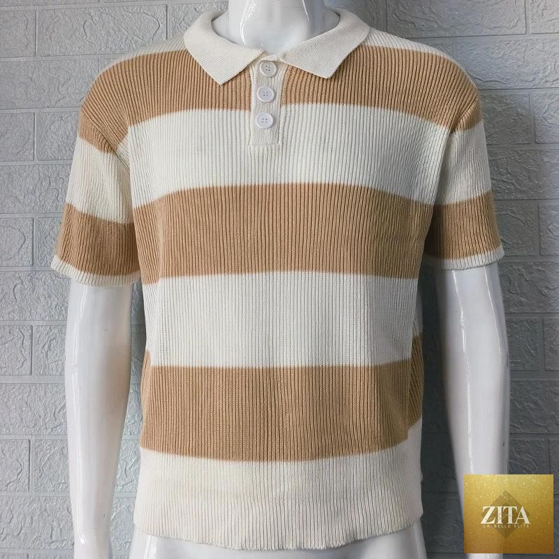 Mandotos men's summer fashion short sleeve sweater with lapel, casual men's clothing suitable for warm weather.