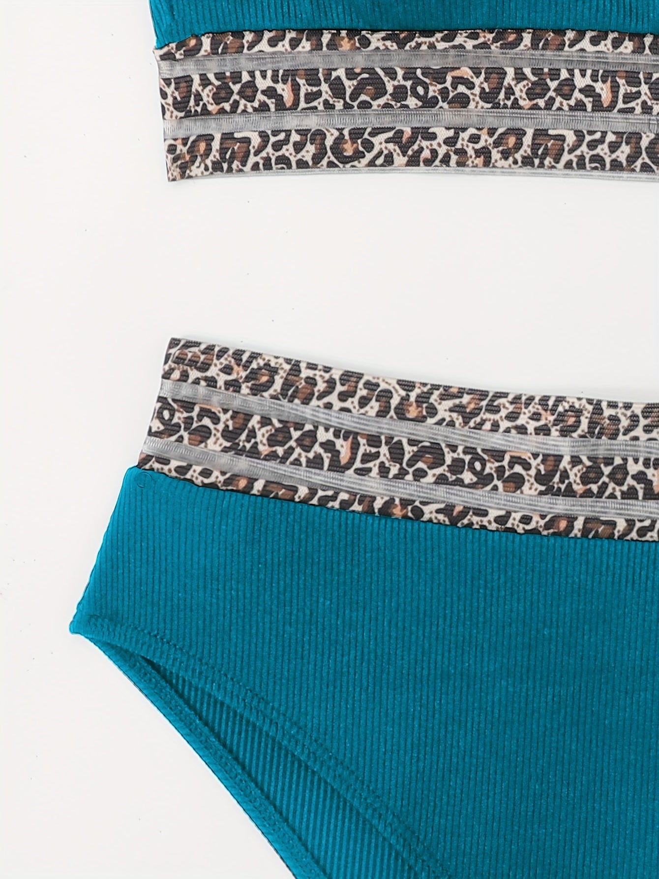 Leopard print high waist bandeau bikini set for women with mesh detail, stretchy fabric, and flattering fit, perfect for summer beachwear.