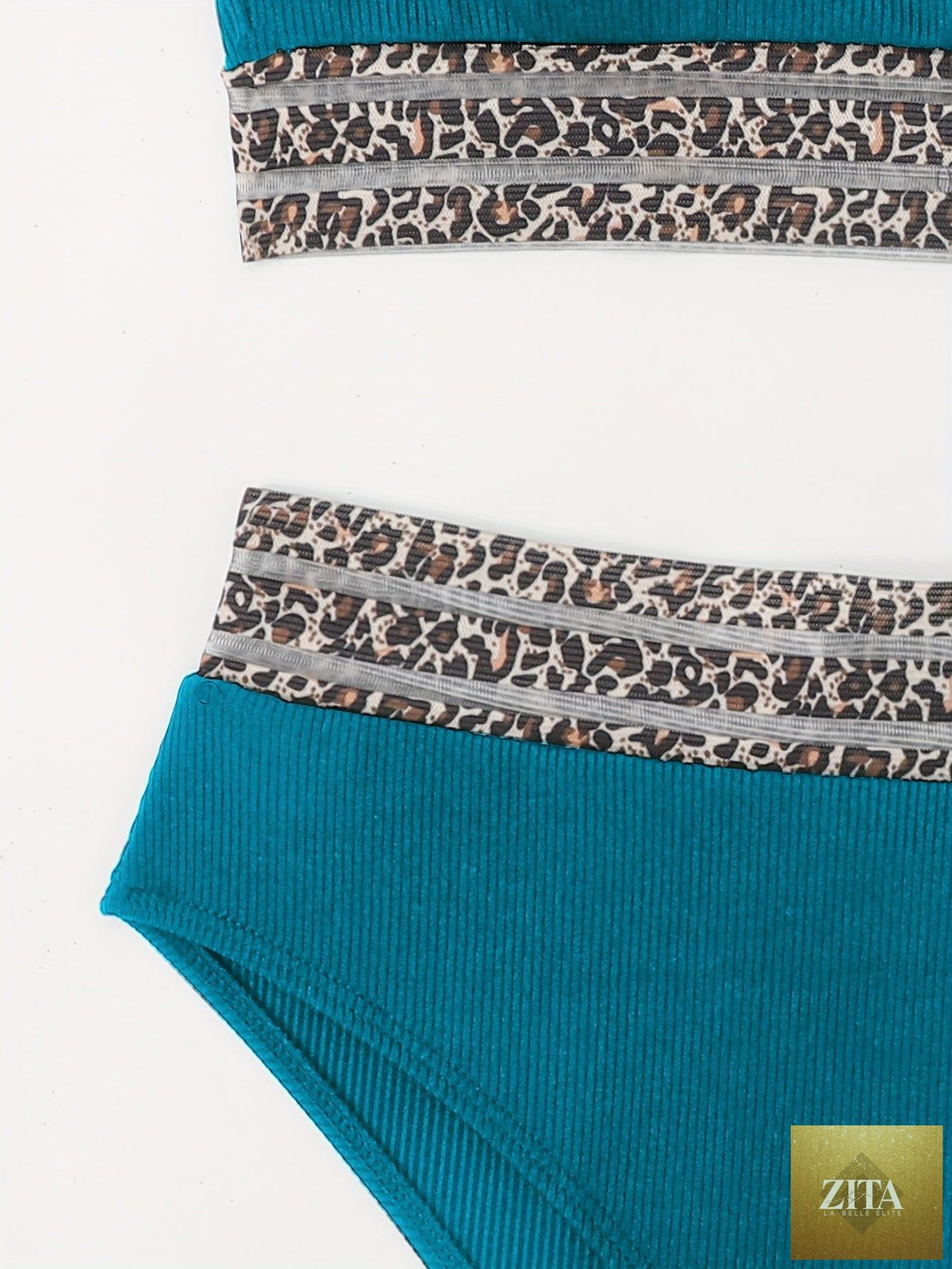 Leopard print Stevvex bikini set with high waist, bandeau top, mesh details, perfect for beach, pool, and summer vacations.
