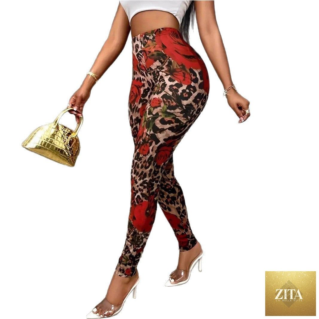 Womens Floral Print Stretchy Waist Leggings