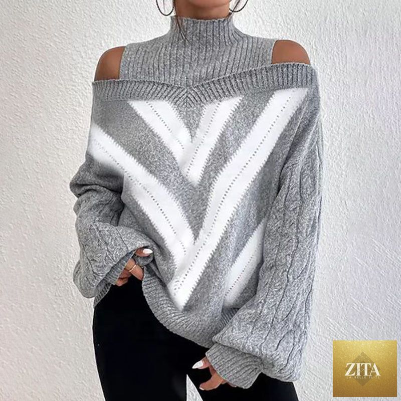 Women’s elegant off-shoulder turtleneck sweater by FitiqueFit, long sleeve knit top in a casualwear style.