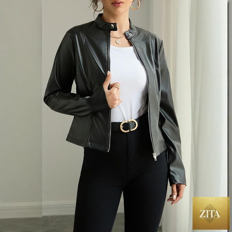 Women's solid color faux leather blazer with long sleeves and stand collar, casualwear by FitiqueFit.
