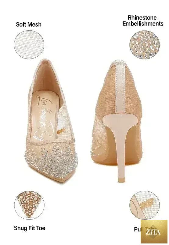 Zita La Belle Elite high heel stiletto pumps with mesh and rhinestone embellishments, designed as elegant high ball shoes.