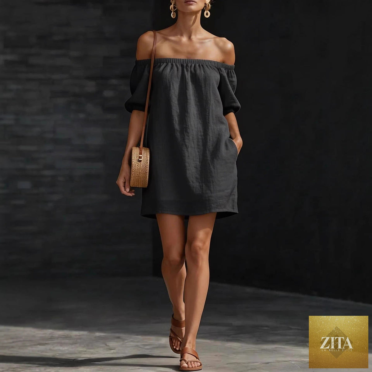 Women's cotton-linen off-shoulder puff-sleeve mini dress by FitiqueFit, featuring a loose fit and casual style.