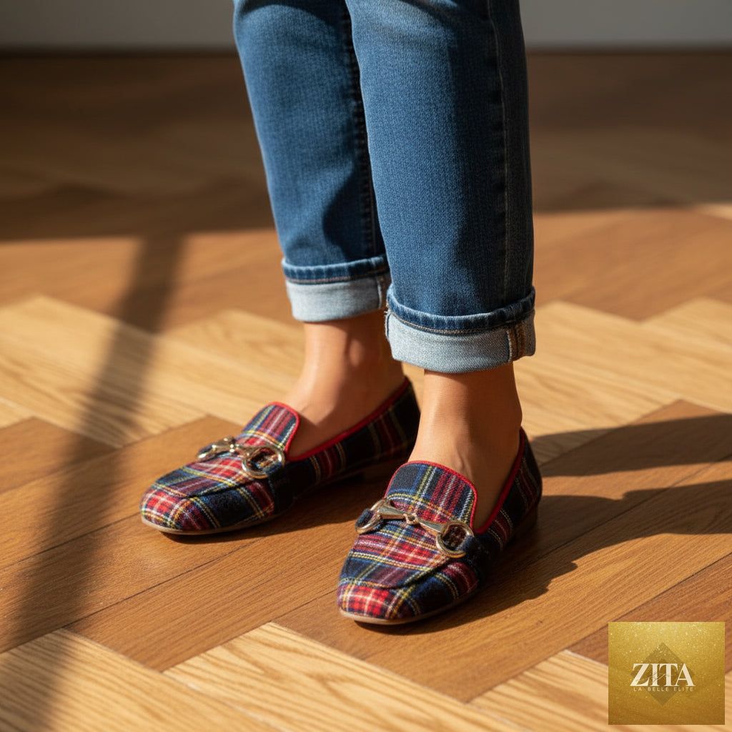 Women's plaid square toe flats by FitiqueFit with buckle detail in red and blue casual footwear, showing the stylish shoe design.