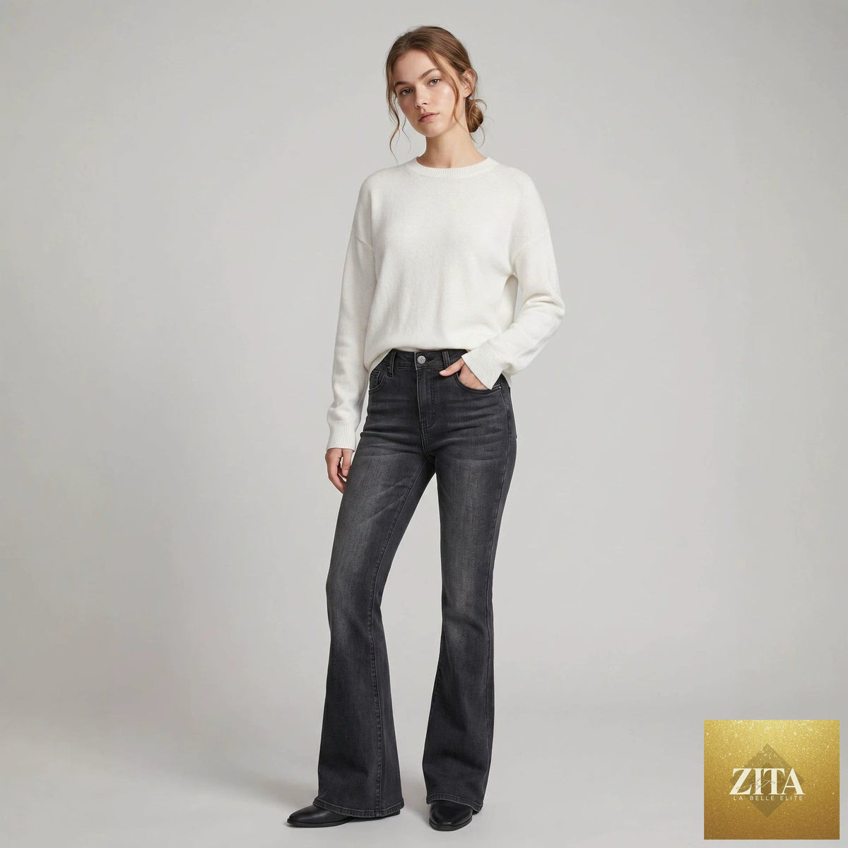 High-waist slim-fit slightly flared women's jeans by FitiqueFit, full-length denim pants with classic blue wash and subtle fading.
