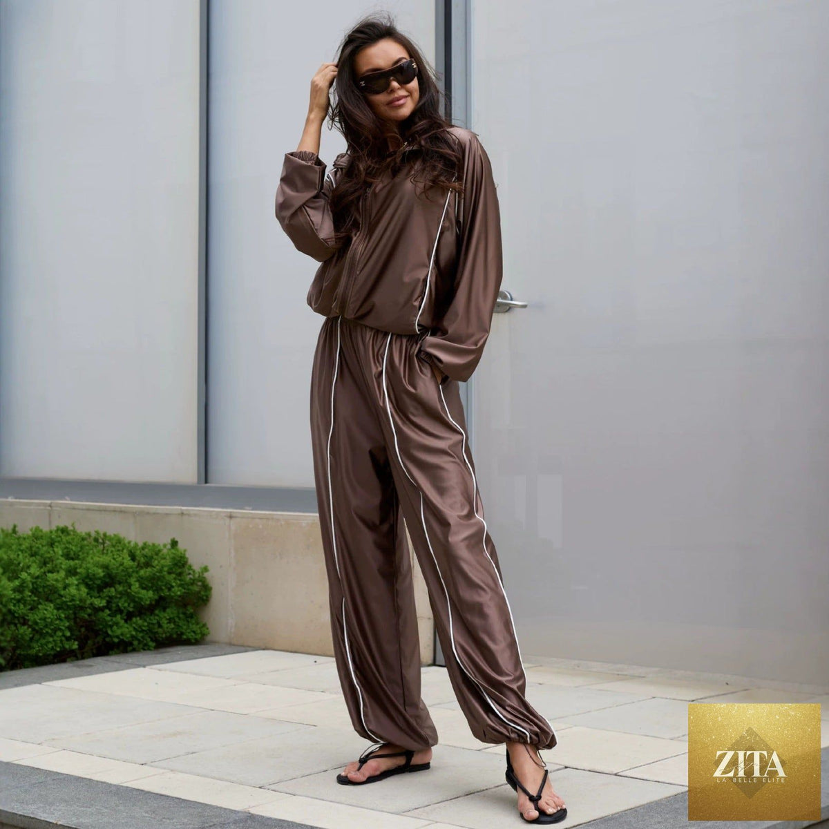 Women's Satin-Finish Zip Track Jacket & Wide-Leg Pants Set