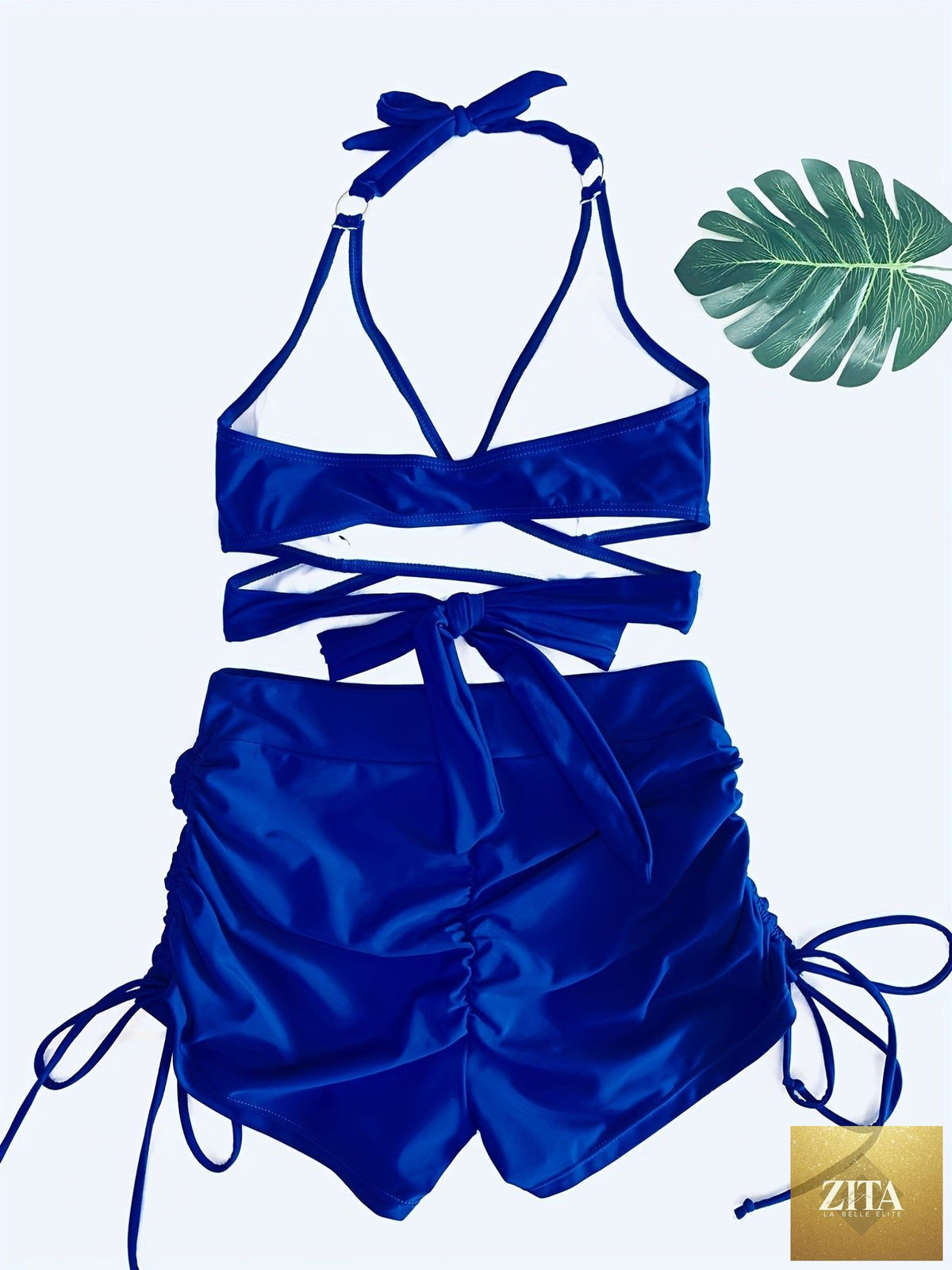 Stevvex Coastal Curve halter bikini set for women featuring a V-neck, crisscross drawstring, ring detail, and high-waisted boxer shorts.