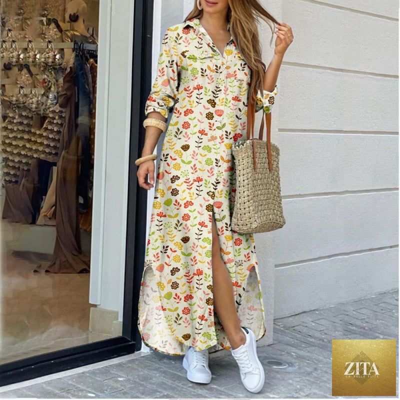 Women's floral print long shirt dress with lapel collar and midi relaxed fit by Zita La Belle Elite, shown on a model.