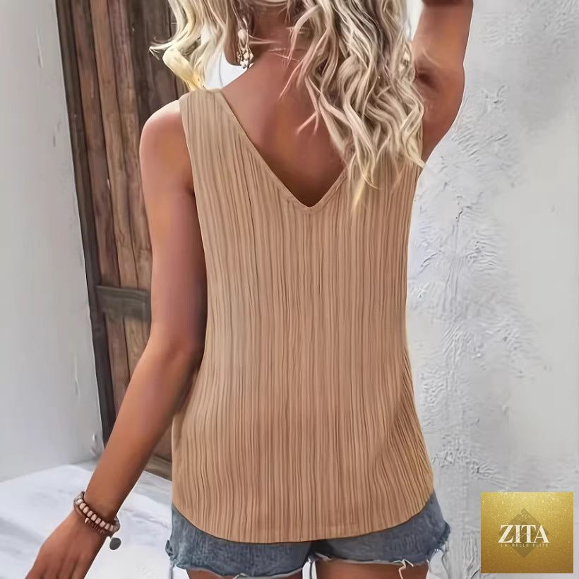 Women's solid V-neck sleeveless camisole top by Zita La Belle Elite, shown in a simple and elegant design.