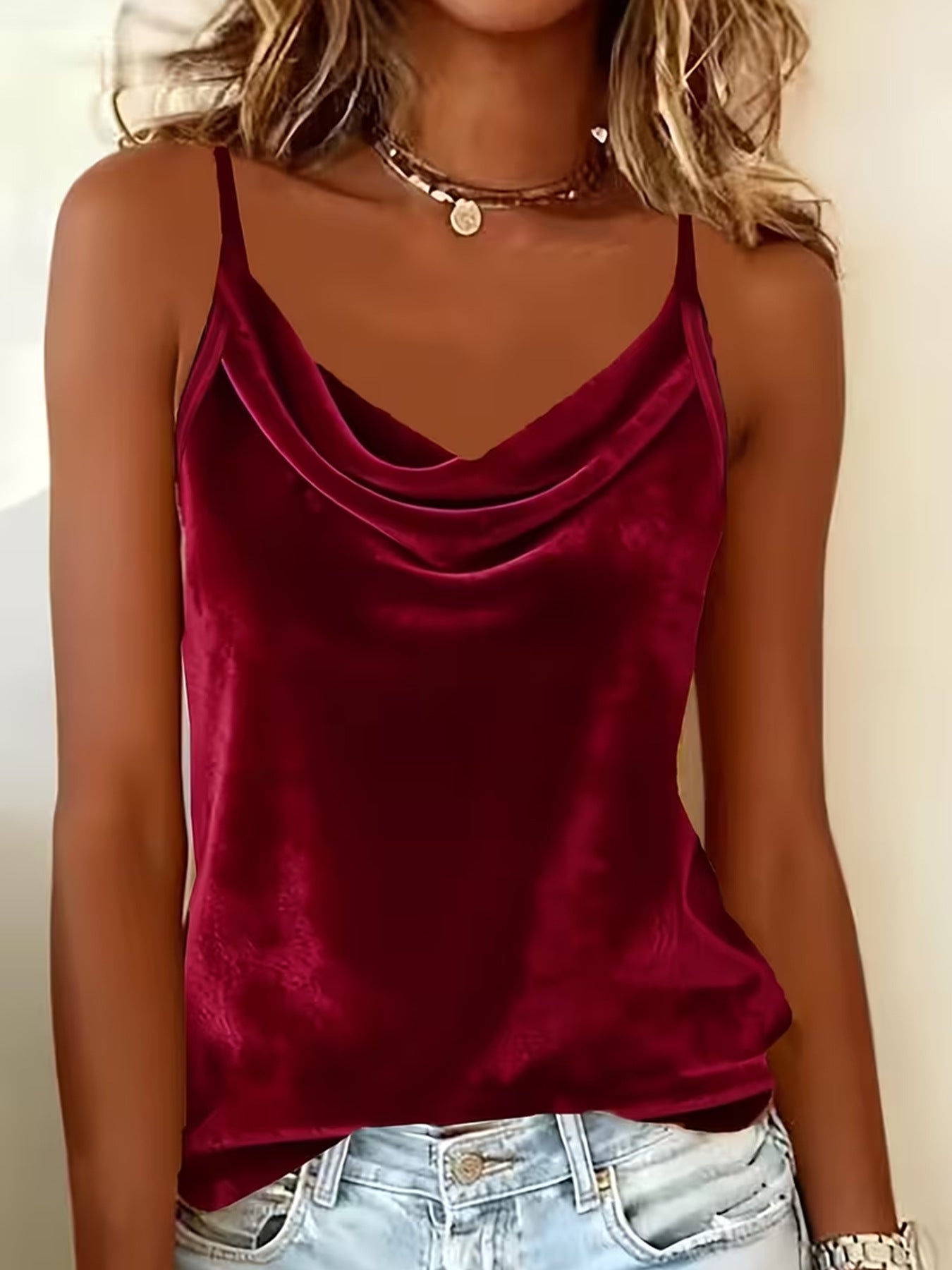FitiqueFit solid color sleeveless camisole tank top in various colors, casualwear, shown in black on a model.