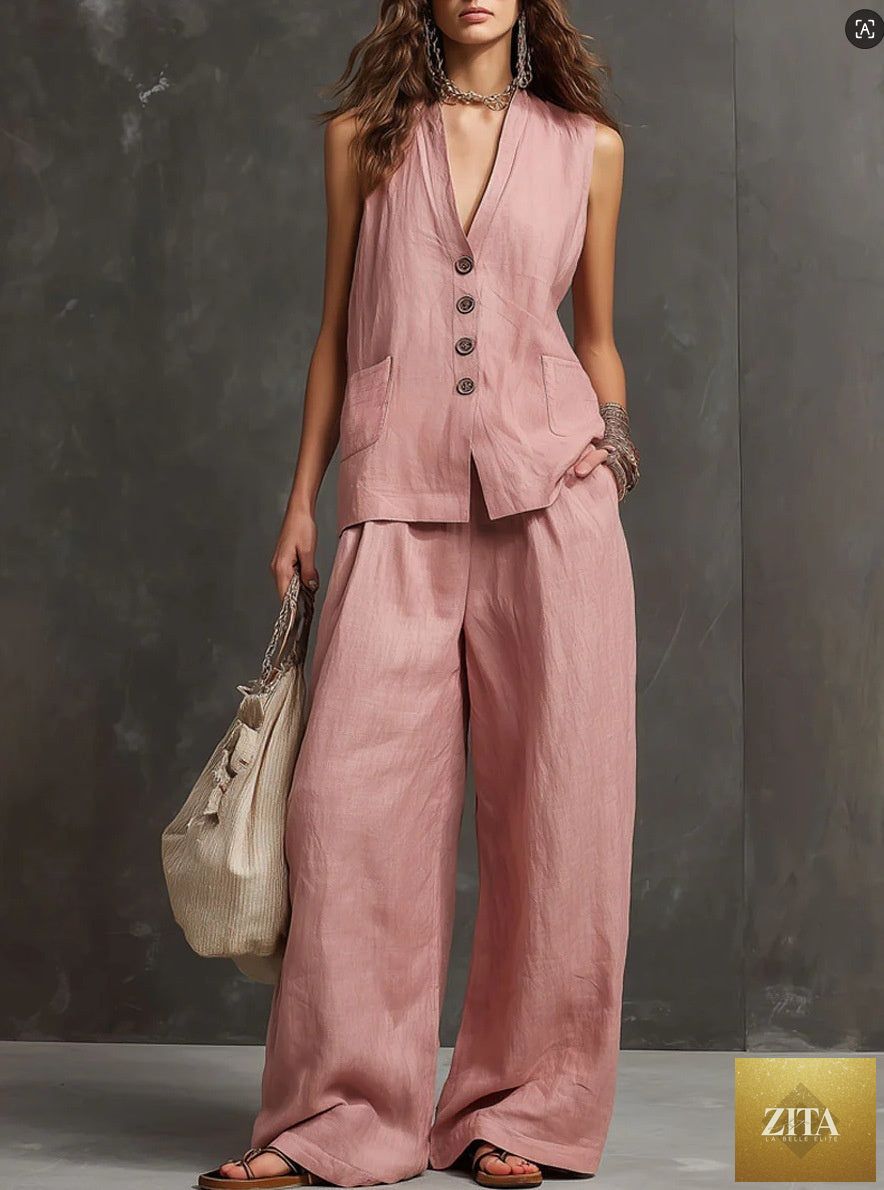 Zita La Belle Elite women's sleeveless vest and wide-leg pants two-piece casualwear set in multiple colors, size XS to 3XL.