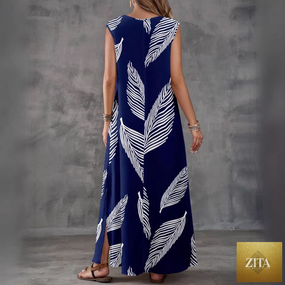 Printed V-neck sleeveless high-waist maxi dress by FitiqueFit in three colors, shown in a full-length view with a flowing design.