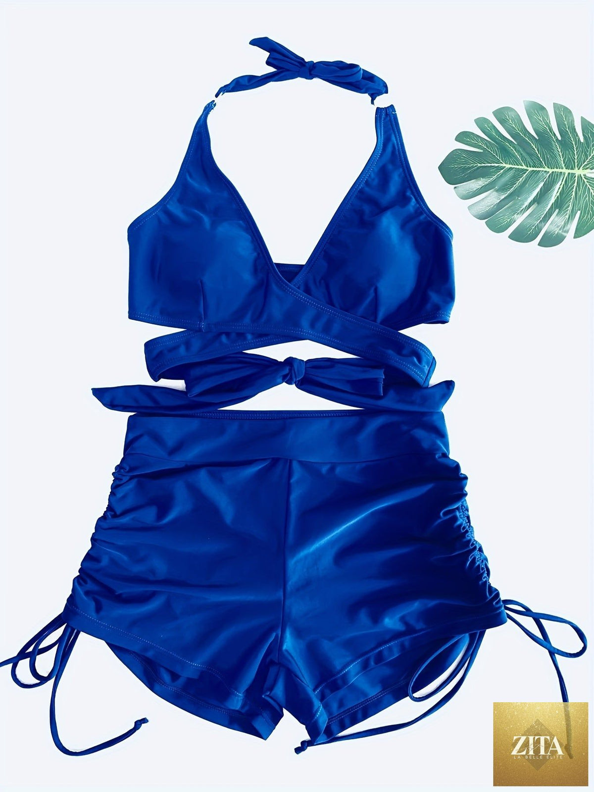 Stevvex Coastal Curve halter bikini set with V-neck, crisscross drawstring, ring detail, and high-waisted boxer shorts for women.