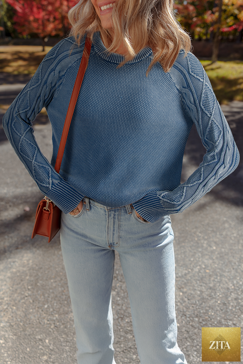Ashleigh blue contrast cable knit sleeve casual sweater by Unique Oils, featuring a cozy knit design and stylish color contrast.