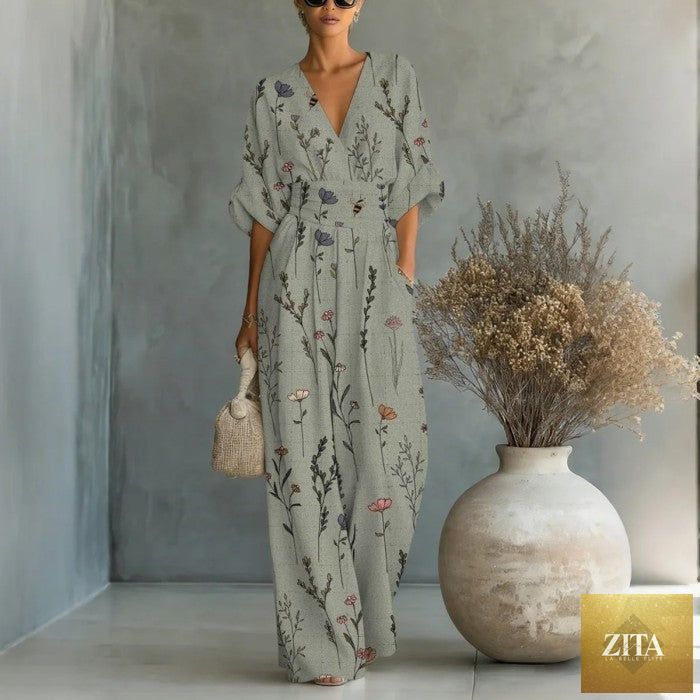 Women's waist-cinched V-neck printed wide-leg jumpsuit by Zita La Belle Elite, casualwear with a stylish, relaxed fit.