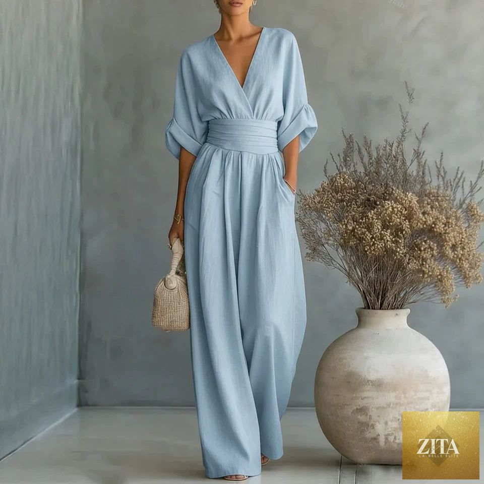Summer short-sleeved jumpsuit with V-neck and wide-leg pants, casual fashion for women, shown in a stylish LadyShow.Store outfit.