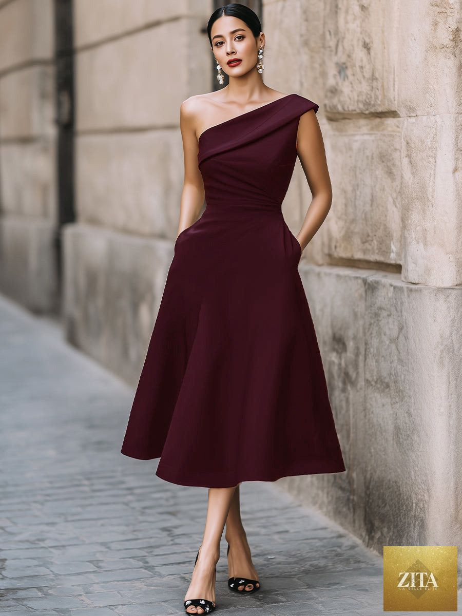 Women's off-shoulder swing dress by FitiqueFit, solid color flowy midi dress with a relaxed fit and feminine style.