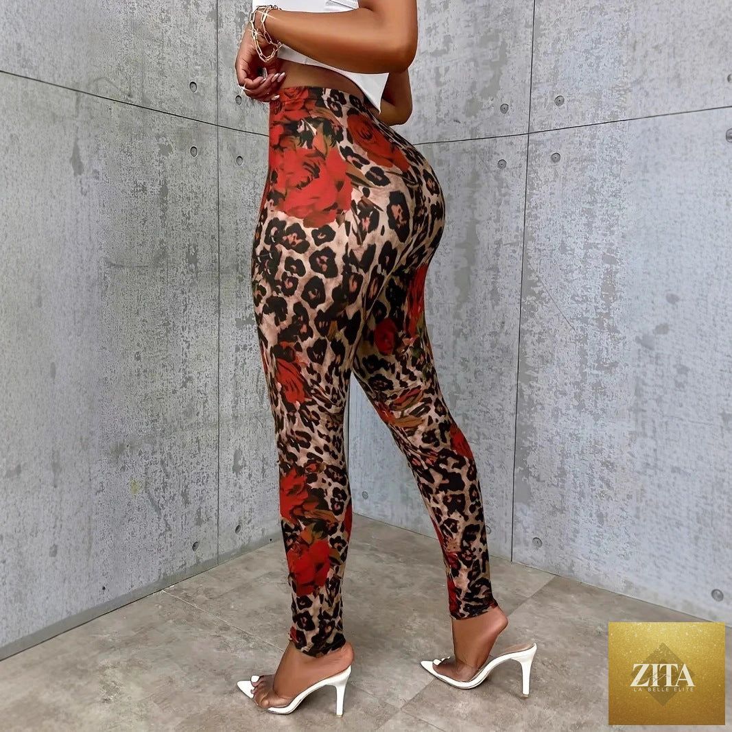 Womens Floral Print Stretchy Waist Leggings
