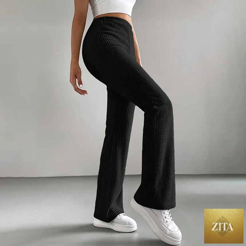 Solid rib-knit pull-on jogger pants for women by FitiqueFit, casualwear with a comfortable fit and tapered leg design.