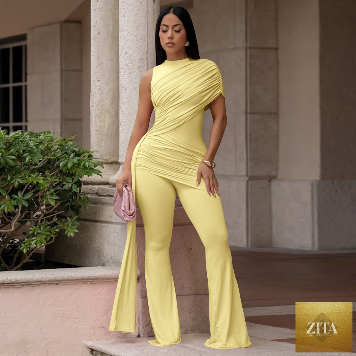 Women's Zita La Belle Elite casual crew-neck pleated ribbon flare jumpsuit, featuring a stylish fit and flowing design.