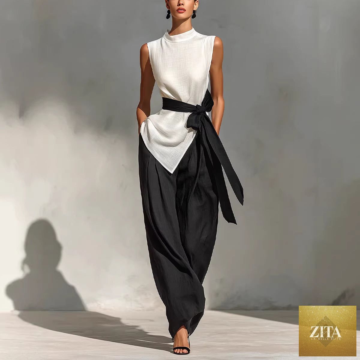 Zita La Belle Elite women's white lace-up sleeveless top and wide-leg pants two-piece casualwear set, front view.