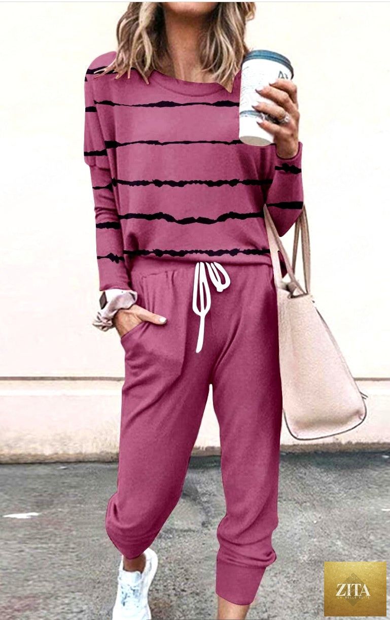 Zita La Belle Elite women's long sleeve T-shirt and pencil pants set with striped and solid designs, loose fit, stylish casual outfit.