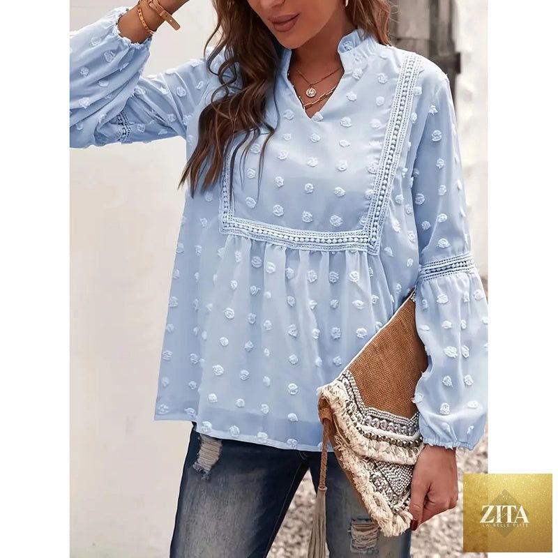 Women's long-sleeve V-neck casual blouse by FitiqueFit, featuring a stylish and comfortable design suitable for business casual wear.