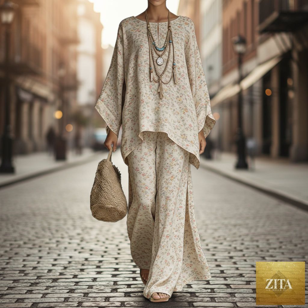 Floral print bamboo linen two-piece set with wide-leg pants by Zita La Belle Elite, featuring a matching top and bottom.
