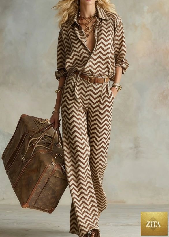 Zita La Belle Elite women's casualwear set with vertical stripe collared long-sleeve shirt and wide-leg pants, relaxed fit.