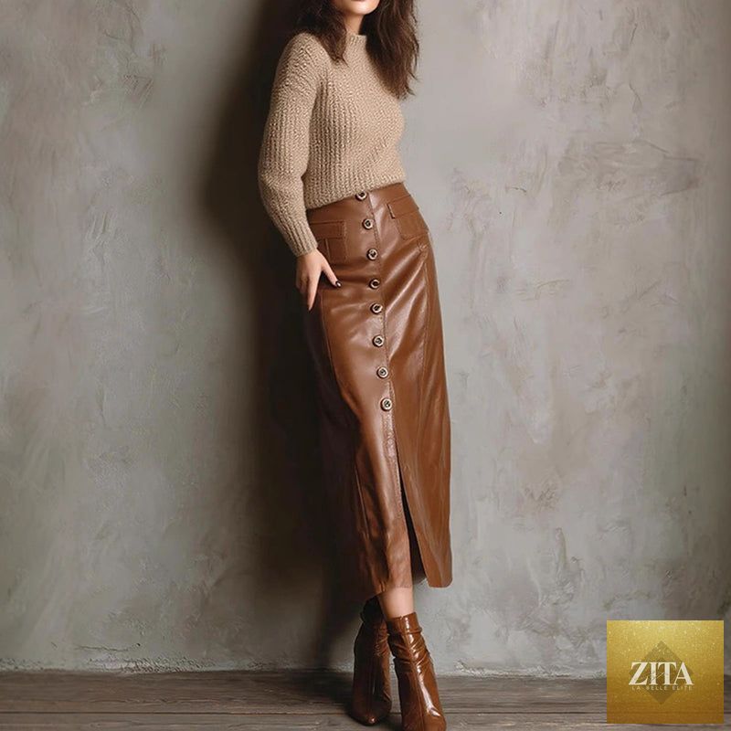 Women's faux leather high-waisted bodycon midi skirt by FitiqueFit, casualwear style, shown in black fabric.